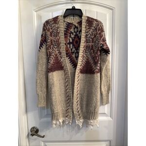 GIMMICKS BY BKE BEIGE BROWN ORANGE Aztec Print SWEATER SHRUG SZ XS LONG SLEEVE